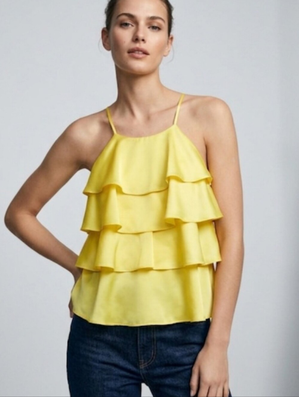 ZARA Yellow Satin Tiered Ruffle Halter Camisole Top Size M